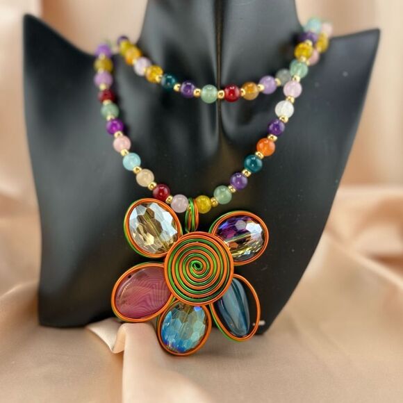 Rainbow Beaded Flower Pendant Necklace – Bold, Colorful & Totally Joyful! - Picture 10 of 12
